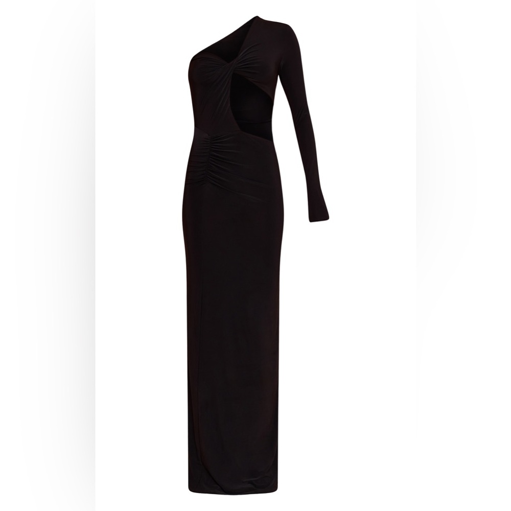 PRETTYLITTLETHING Petite Black One Shoulder Cut Out Ruched Maxi Dress